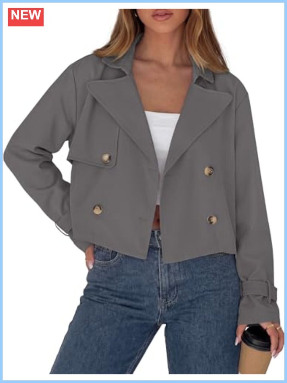 Cropped Trench Coat Women Short Double Breasted Jacket Cotton Blend